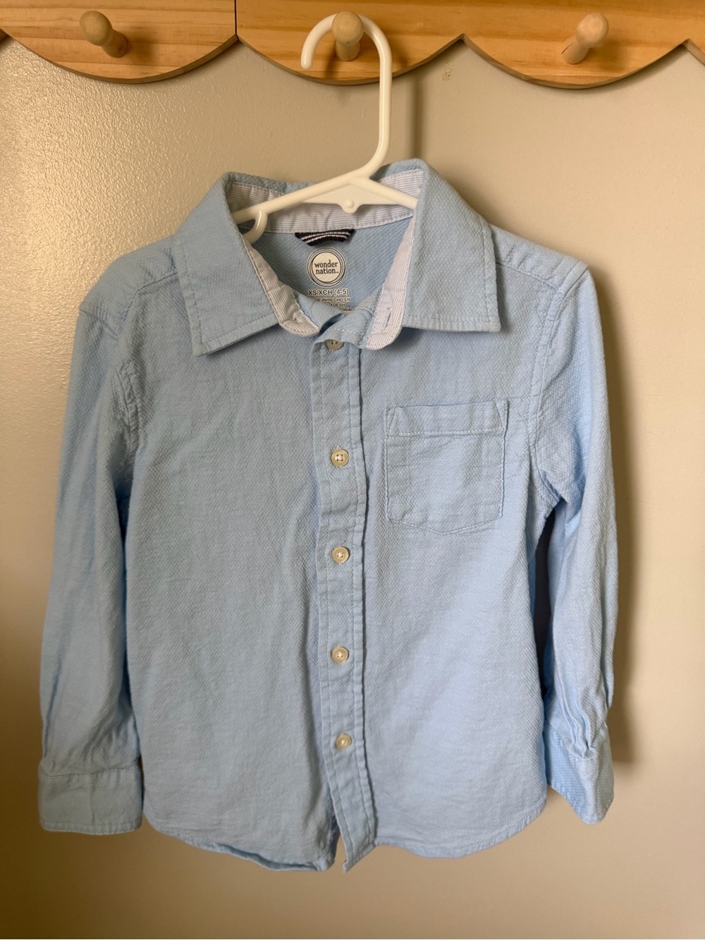 Wonder Nation Boys XS Blue Solid Button-Front Collared Long Sleeve Shirt Pocket